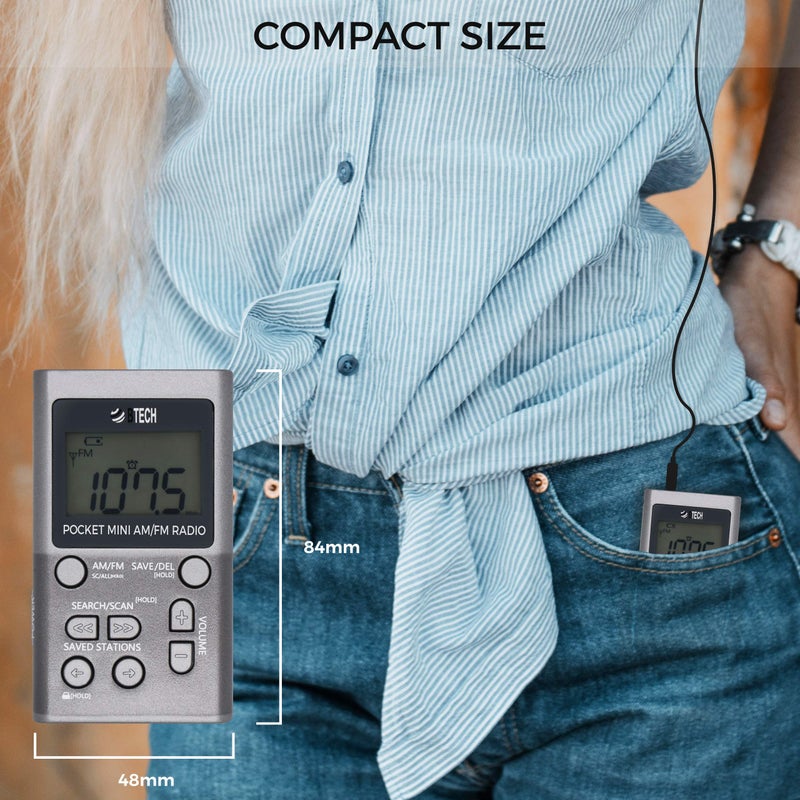 BTECH راديو شخصي BTECH MPR-AF1 AM FM مع نوعين من سماعات الستيريو، ساعة، استقبال ممتاز وعمر بطارية طويل، راديو ووكمان ميني جيب مع سماعات (فضي) - Image 2